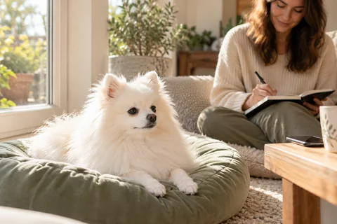 White female Pomeranian resting at home while the owner records observations