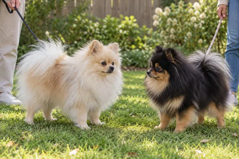 A calm supervised introduction between two adult Pomeranians