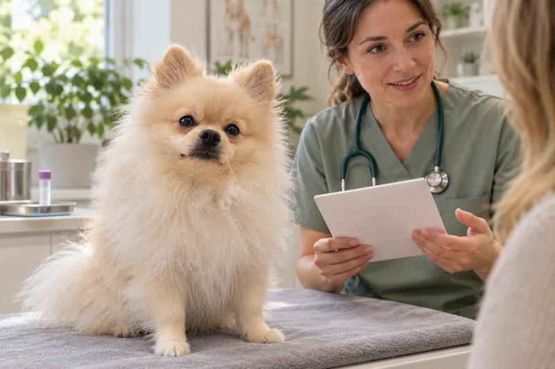 Bruno beside a veterinarian during a discussion of pre-breeding screening