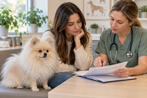 An owner and veterinarian discuss a Pomeranian's examination records.