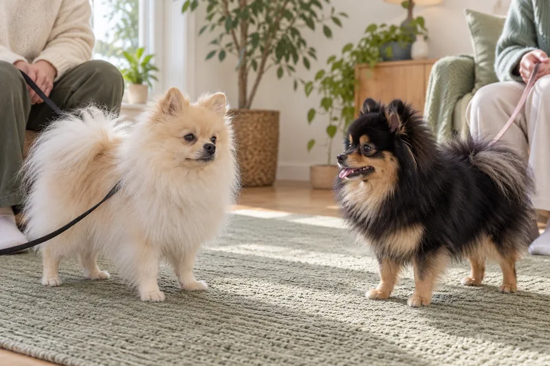 Bruno and a black-and-tan female Pomeranian meeting under owner supervision