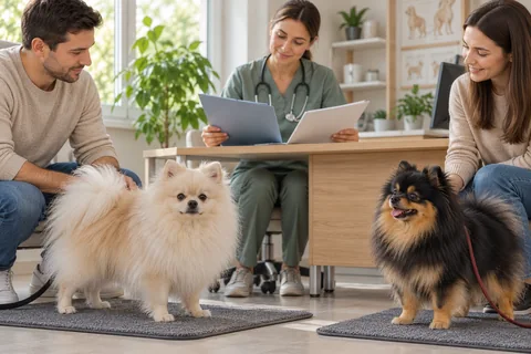 İki yetişkin Pomeranian, sahipleriyle çiftleşme öncesi danışmada.