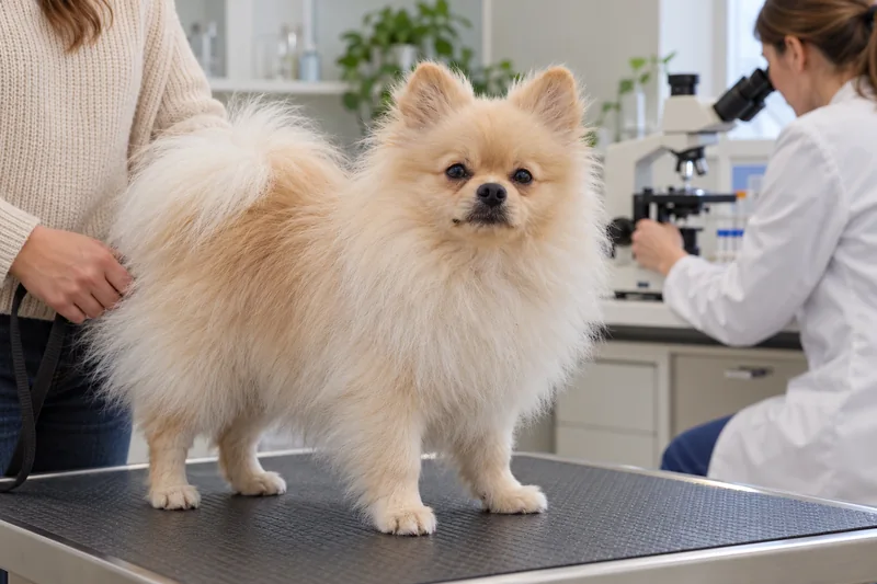 Bruno at a consultation in a veterinary laboratory with a microscope