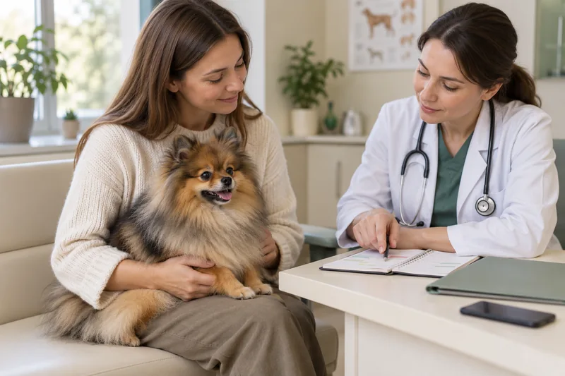 A veterinarian and owner agree on a Pomeranian's cycle monitoring plan.