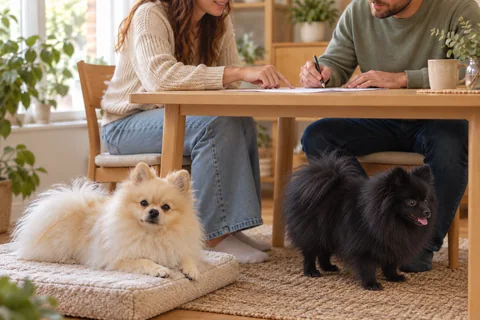 Owners discuss written arrangements beside their Pomeranians