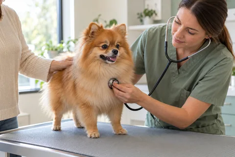 A veterinarian examines an adult Pomeranian before breeding planning