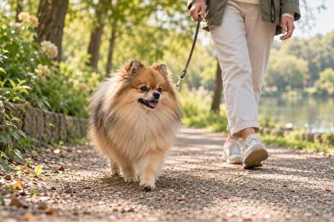 Adult sable female Pomeranian enjoying a calm walk with her owner