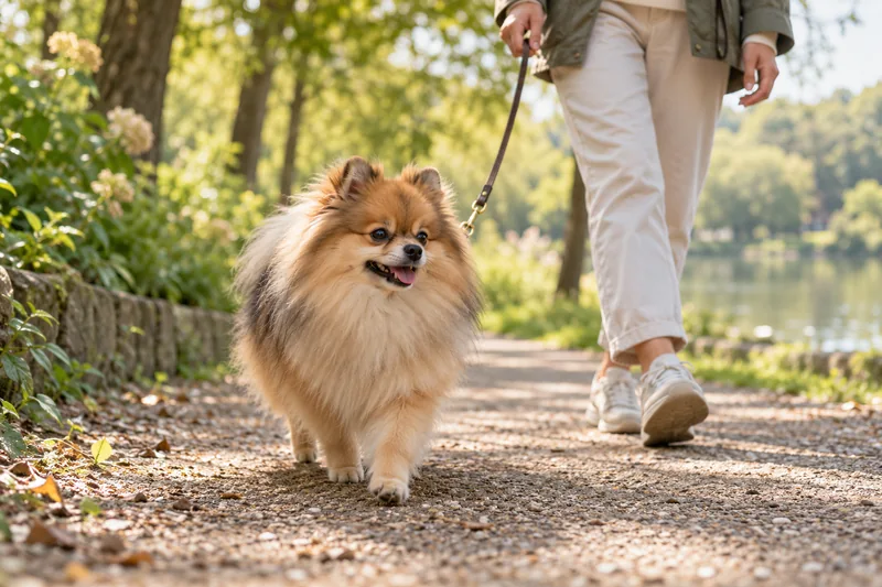 Adult sable female Pomeranian enjoying a calm walk with her owner