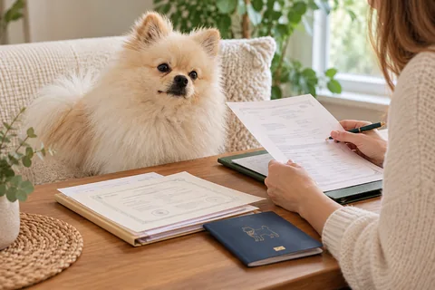 An owner checks a Pomeranian's documents before a planned mating.