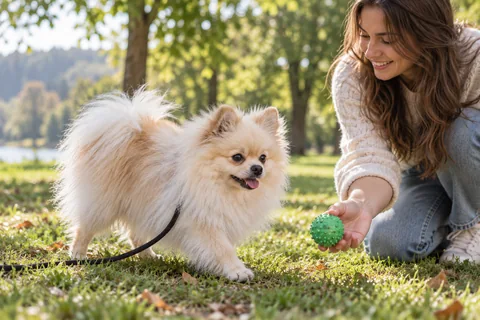 An adult Pomeranian plays with its owner on a walk