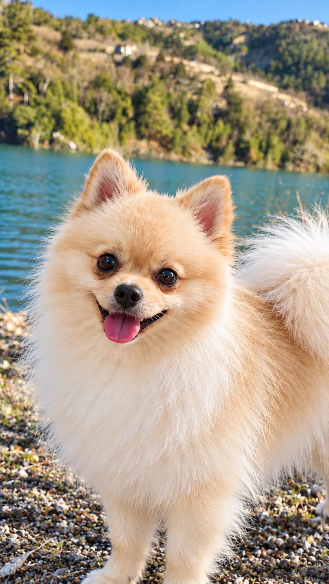 Göl ve ağaçlık yamaç önünde krem renkli Pomeranian Bruno’nun yakın portresi